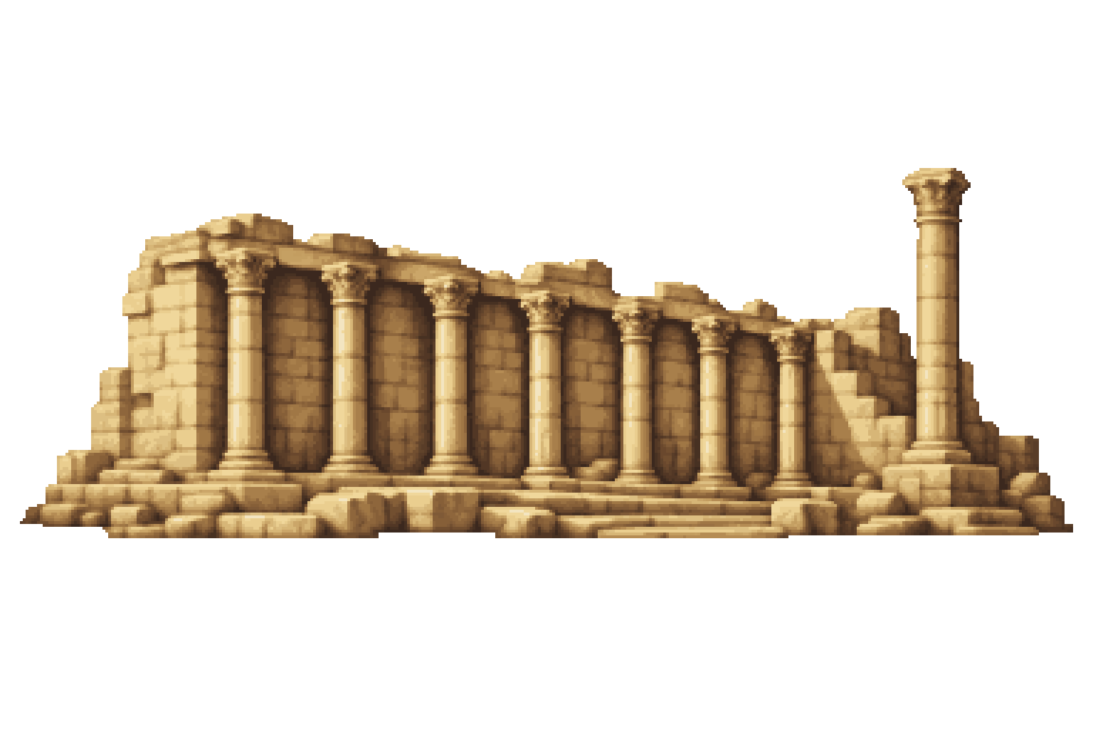 Pixel art of the surviving wall and columns of Hadrian’s Library.