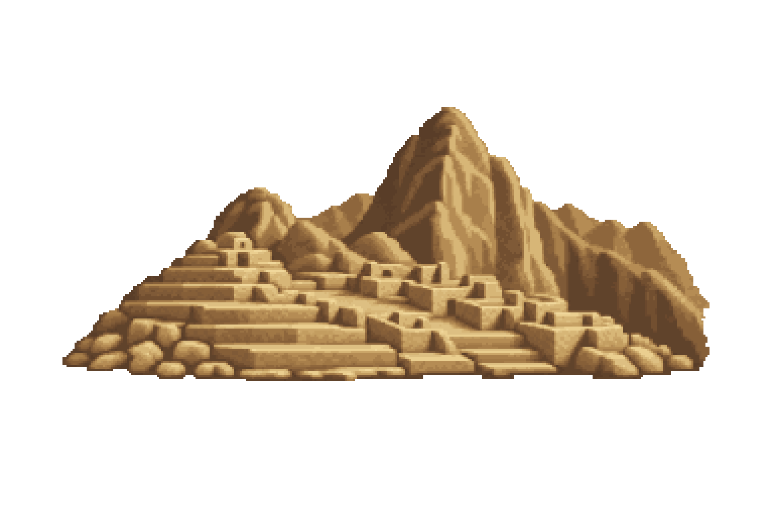 Golden pixel art of Machu Picchu’s stone terraces and citadel, with Huayna Picchu rising behind.
